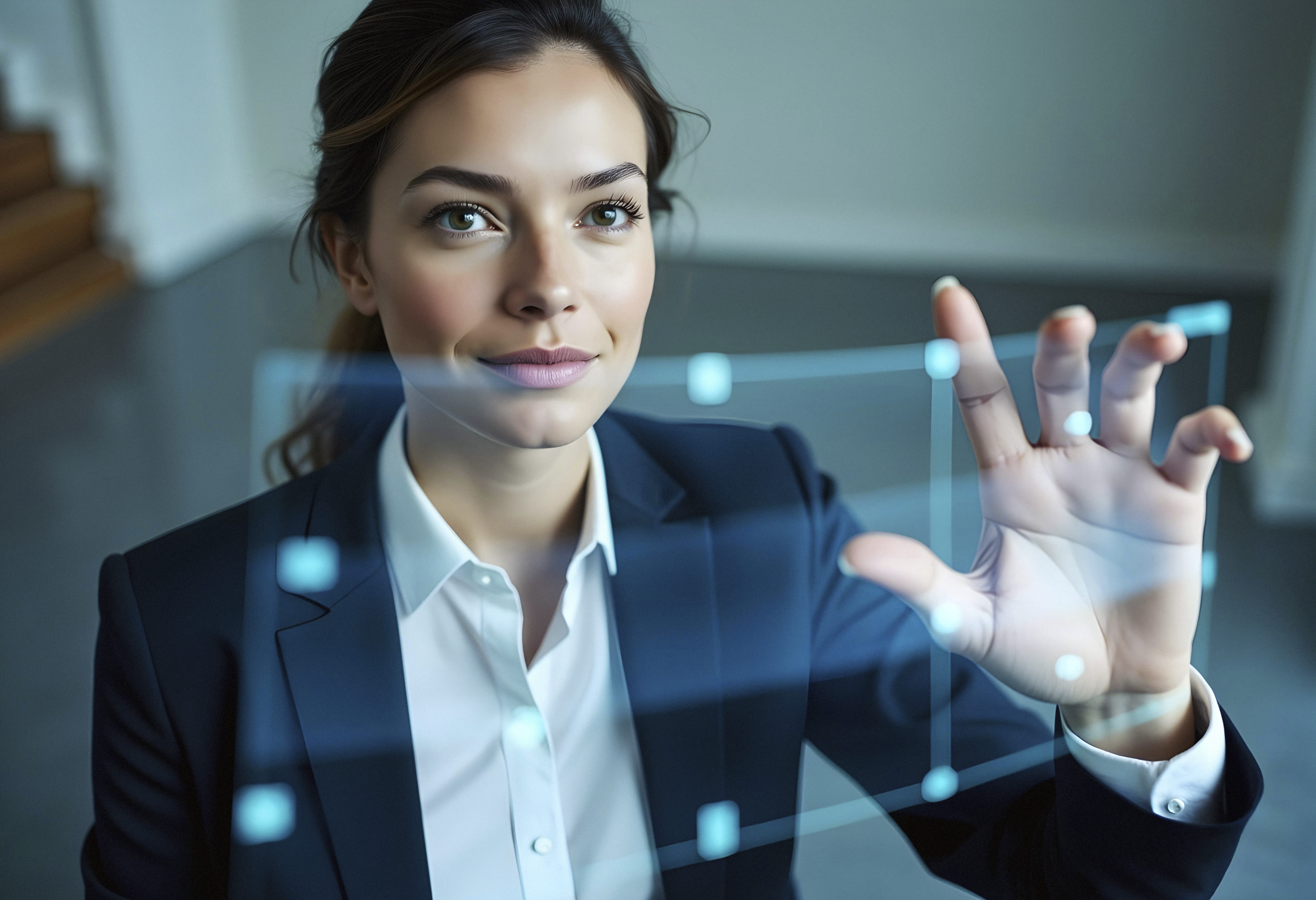 mulher de negocios usando interface futurista 1